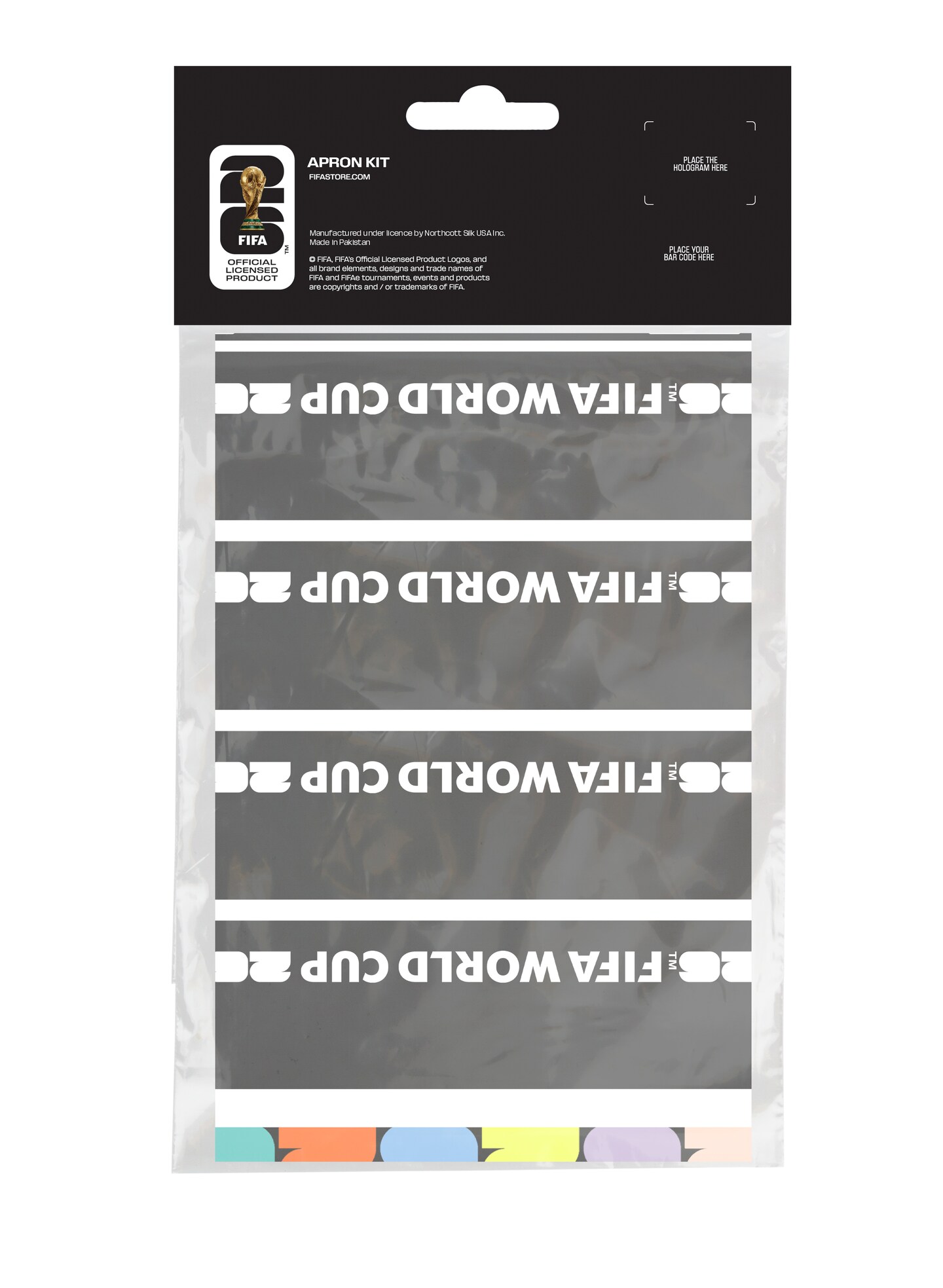 FIFA World Cup DIY Canvas Apron Kit – Soccer Fan Sewing Craft Kit – Includes 24" x 43" Black & Multicolor Fabric Panel & Instructions – Create a 29" x 21" Handmade Apron