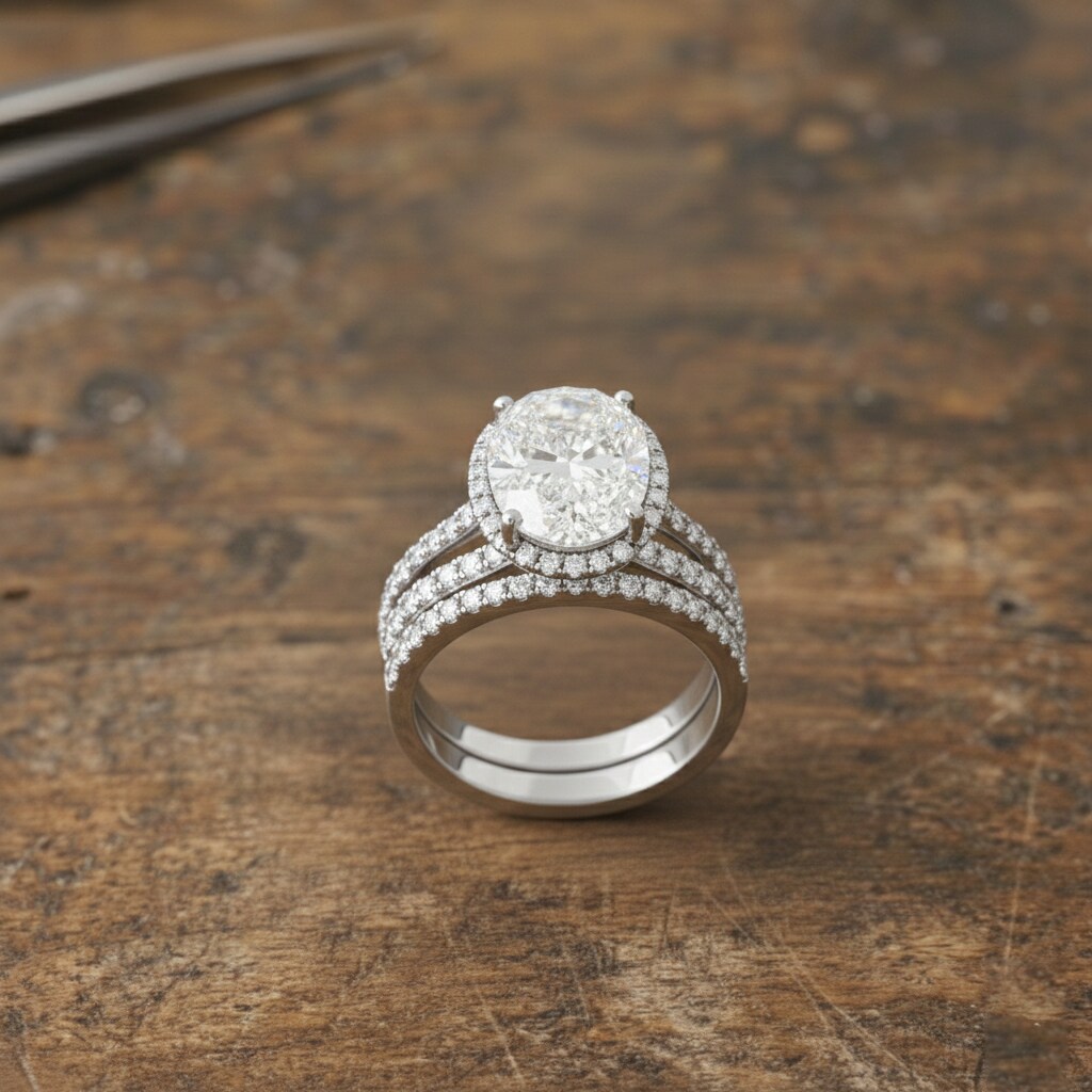 Large Oval Natural Diamond Wedding Ring Set with Band Authentic