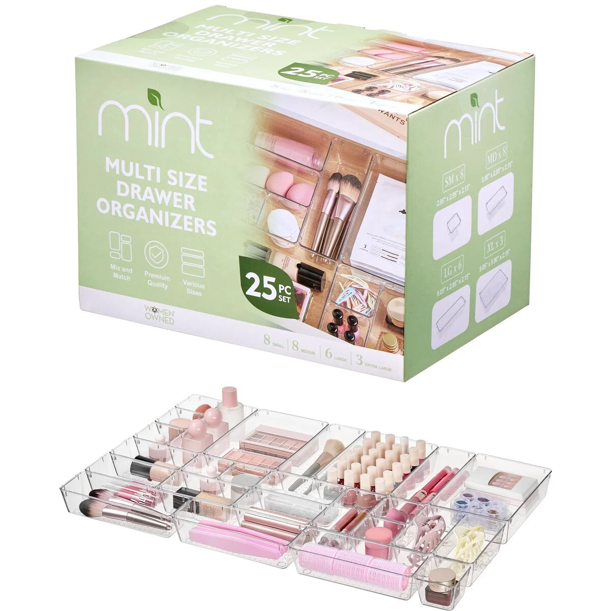 25 PCS Clear Plastic Drawer Organizers Set, 4 Sizes Clear Drawer Organizers & storage Bins for Makeup/Jewelry Vanity, Kitchen Gadgets Or Office Desk. Bathroom Drawer Organizer Trays