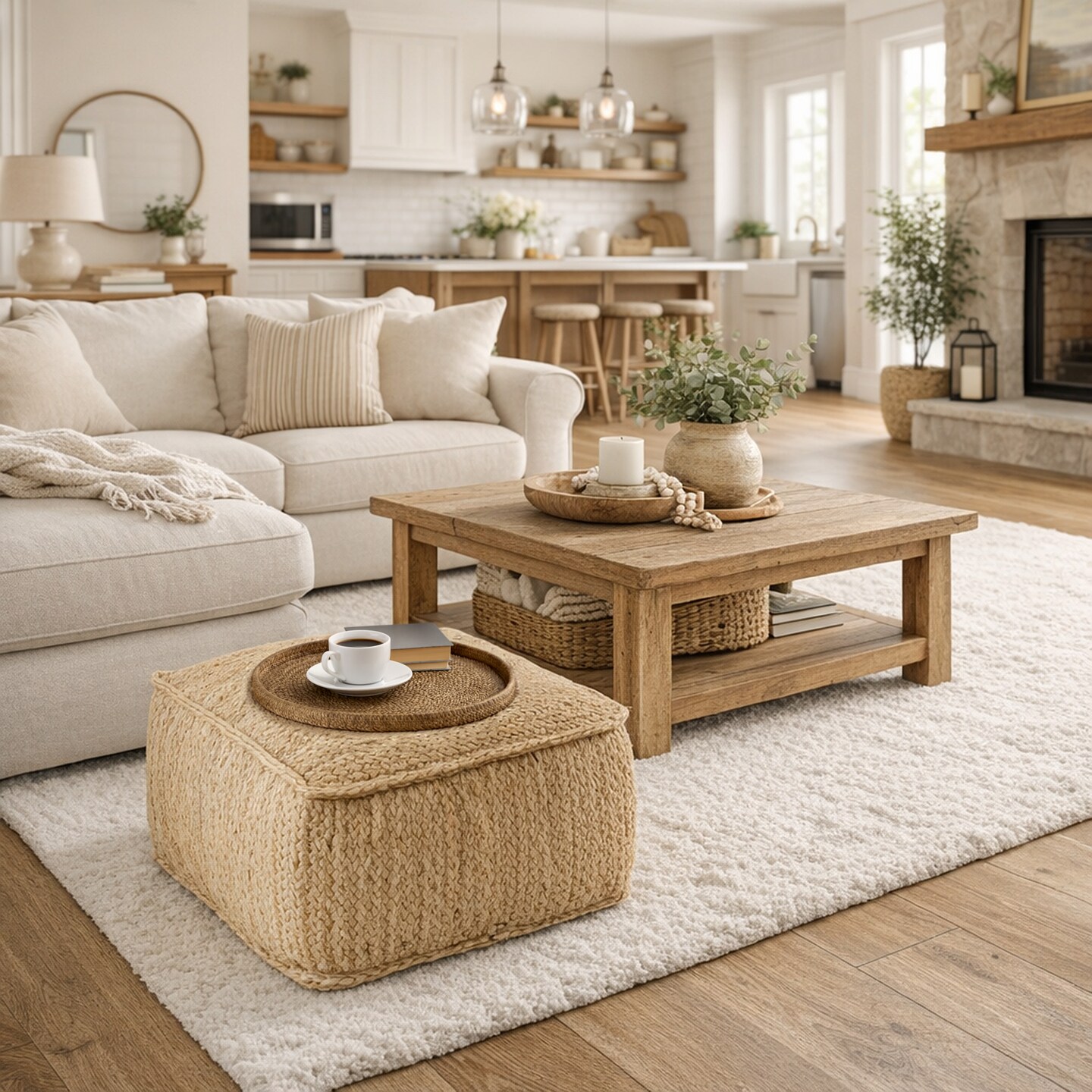 Casafield Braided Jute Pouf, Large Pouf Ottoman, 22" W x 22" D x 14" H Woven Jute Footrest, Decorative Indoor Boho Home Accent for Living Room