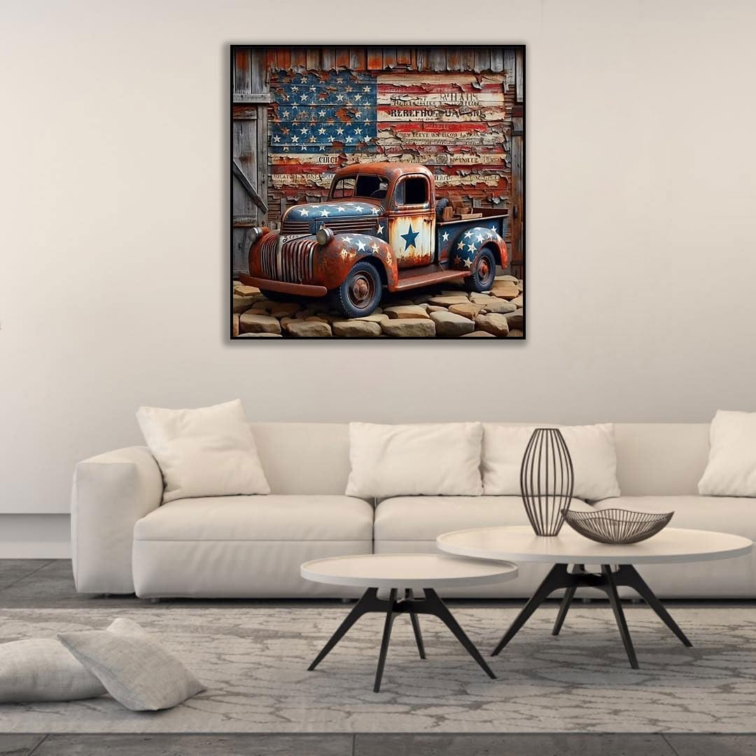 5D Truck Diamond Painting Kit – DIY Full Round Drill American Flag Art for Adults, 13.7x13.7 in, Paint-by-Diamonds Wall Decor