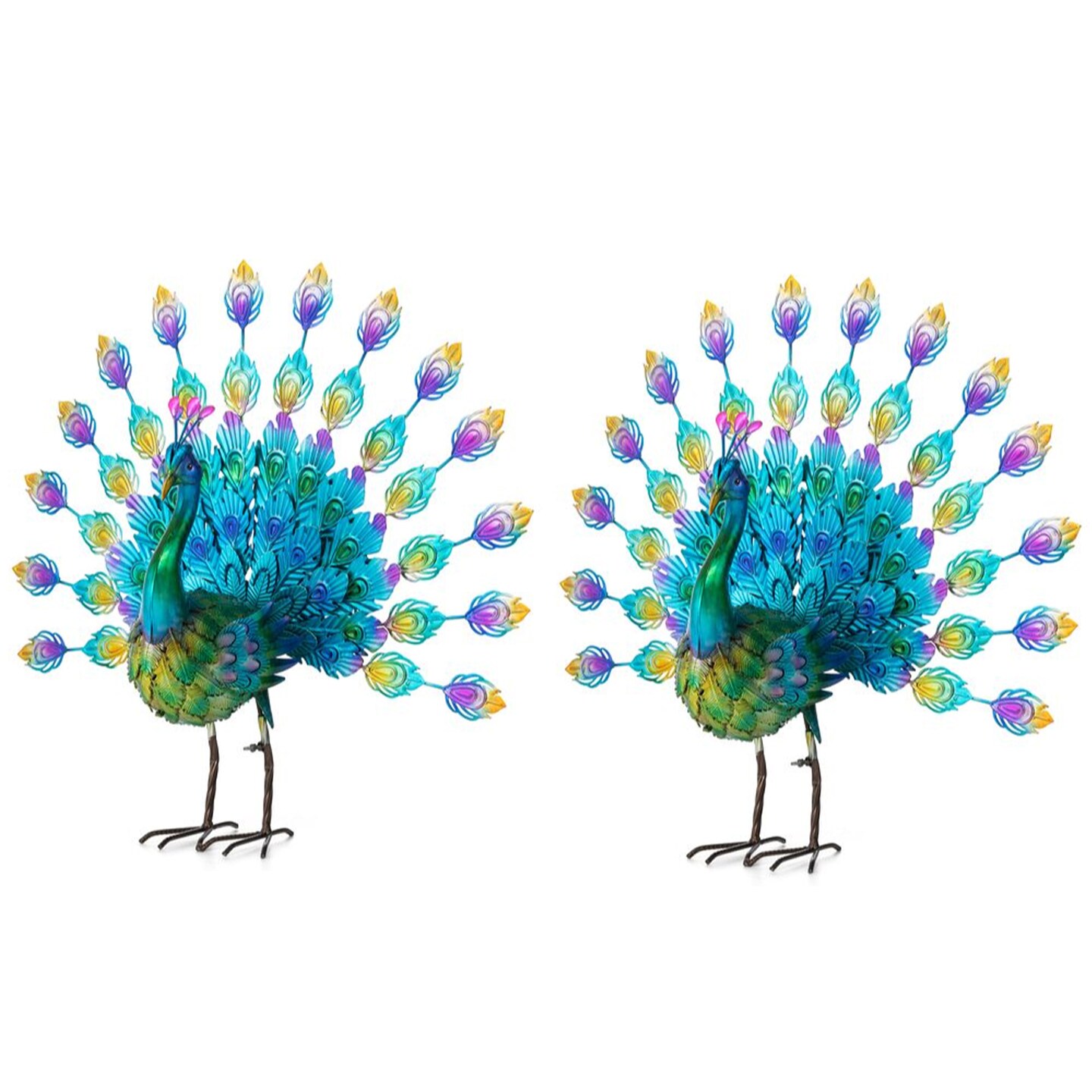 Set of 2 28.75"W Metal Peacock Tail Spread Garden Statue with Stakes (KD)Metal Thickness: 0.3mm