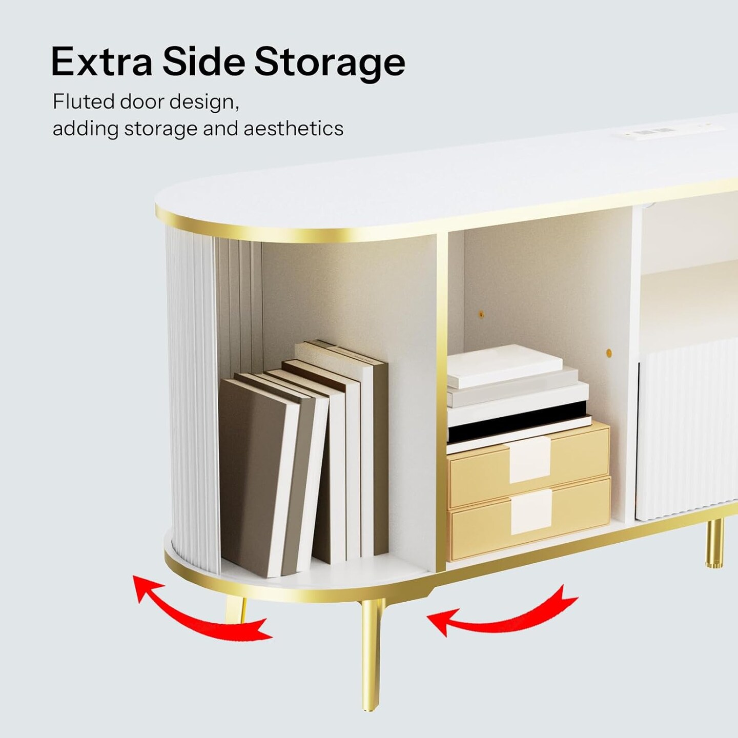 White-Gold Engineered Wood TV Stand with Fluted Design and LED Ports