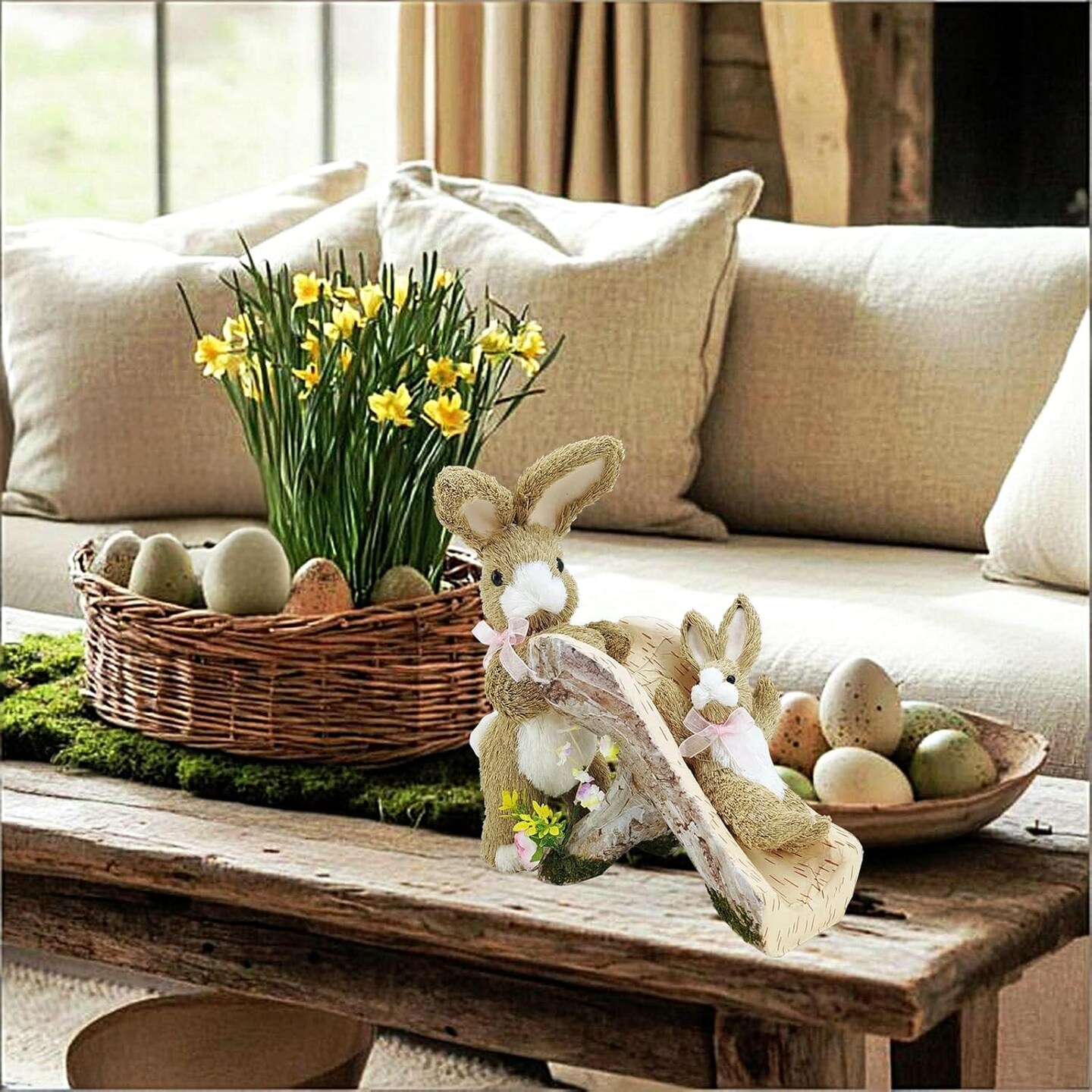 9.6-Inch Sisal Easter Bunny Figurine Set with Slide – Mom & Baby Straw Bunny Decorations, Spring Home Décor, Table Centerpieces, Holiday Mantel Decorations & Springtime Gifts
