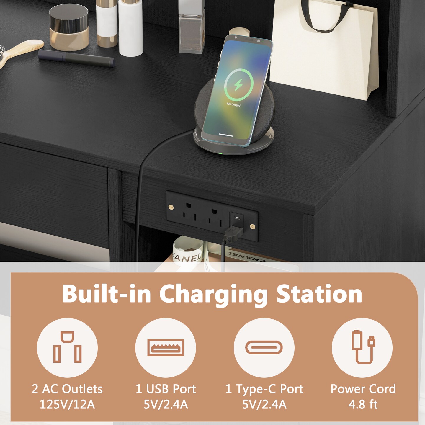 Black Vanity Table Set LED Mirror Makeup Desk With Stool Charging Ports