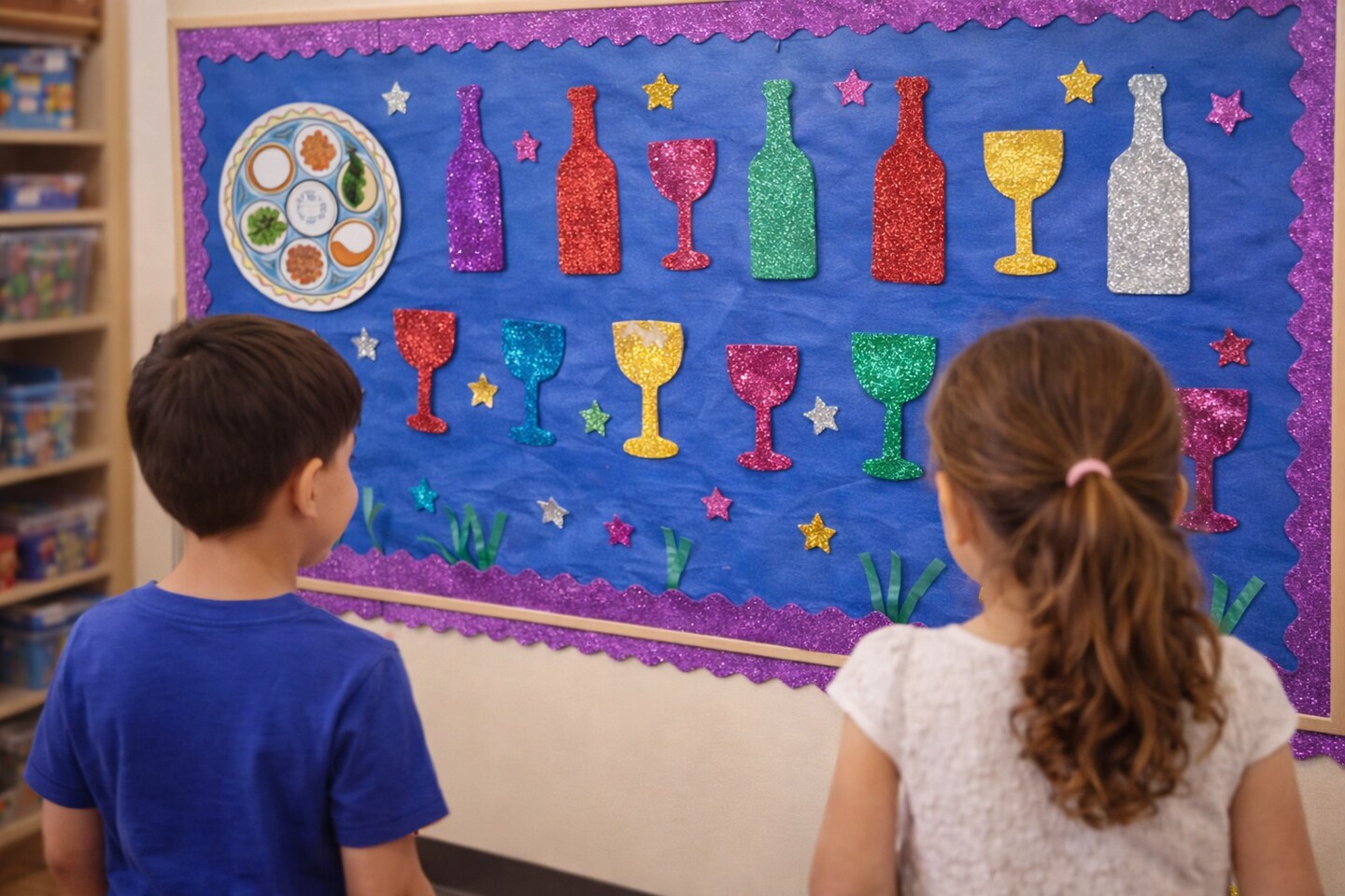 Sparkling Pesach Foam Shapes 50 Count – Glitter Passover Wine Glass & Bottle Craft Cutouts for Classroom & DIY Holiday Projects