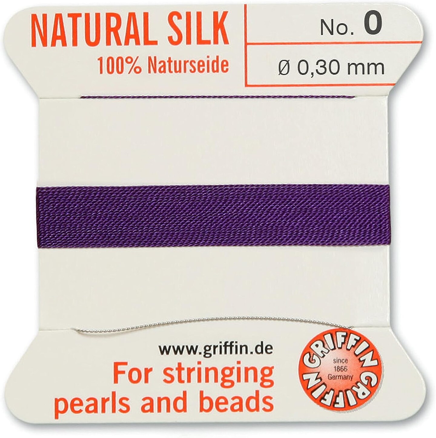 Griffin Silk Bead Cord Perlseide – Size 0 (0.30mm) – 2 Meters per Card – Stainless Steel Needle Attached – for Knotting Pearls, Gemstones, Crystals and Beads
