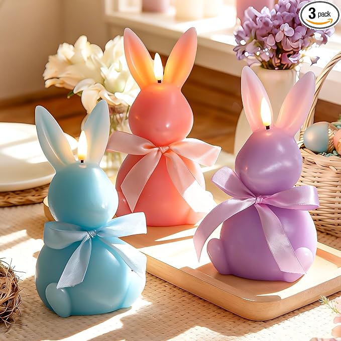 3 Pcs Easter Bunny Flameless Candles, Battery Operated Led Candle Light with Remote, Real Wax Rabbit Shaped Candle Gift Set, 3D Flickering Flame, NO Batteries Included, 7.3"x4"