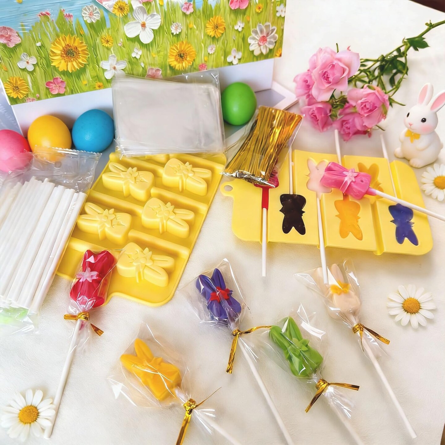 2-Pack Easter Bunny Lollipop Molds with 300 Sticks, Bags & Twist Ties – Silicone Candy & Cake Pop Molds for Chocolate, Hard Candy, DIY Easter Treats