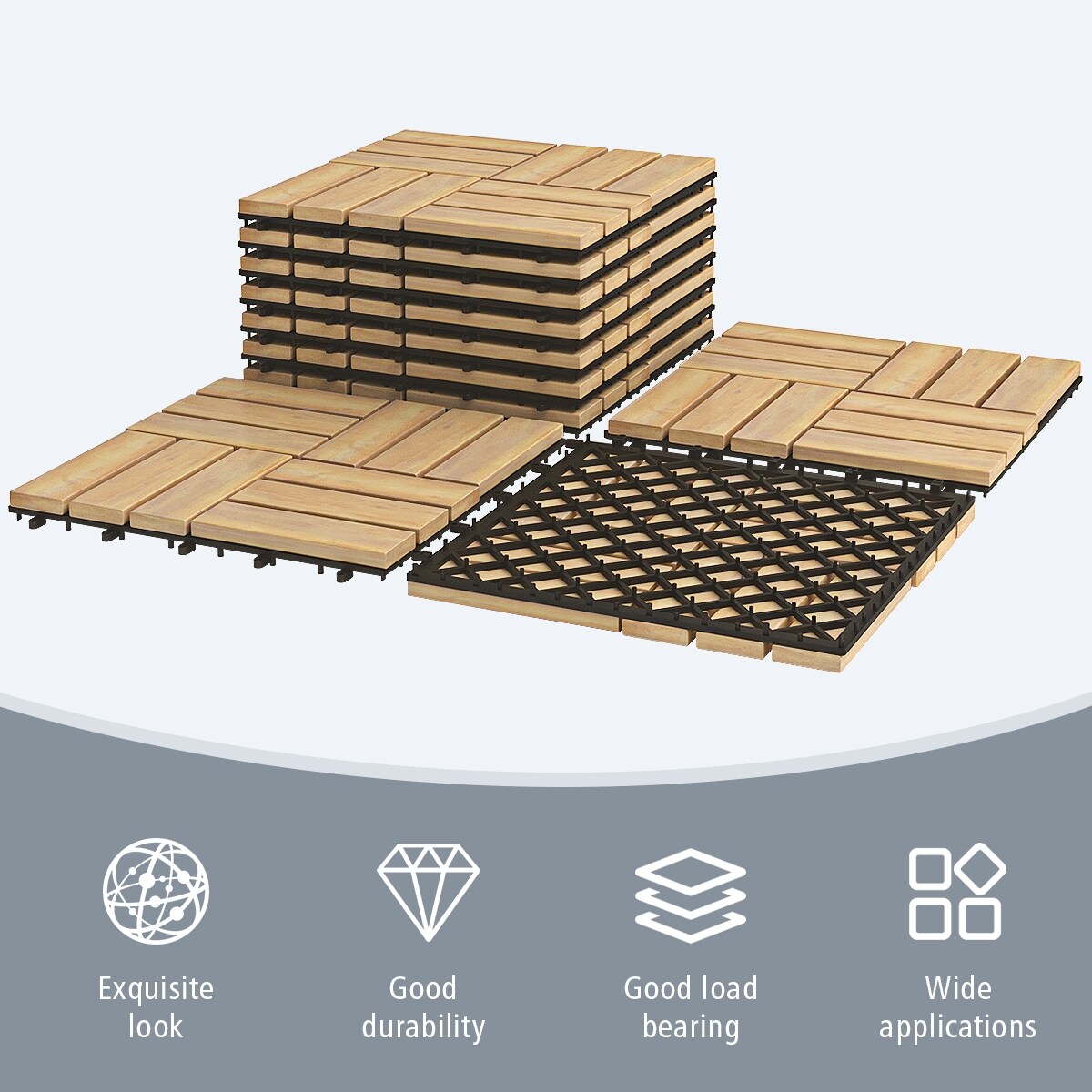 10 Piece Brown Acacia Wood Interlocking Floor Tiles with PVC Base, Anti-Slip Durable Design