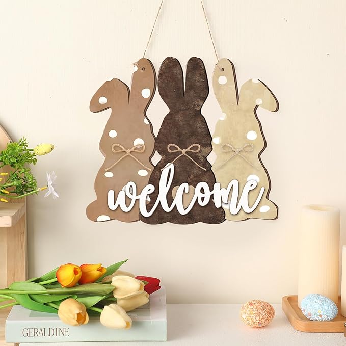 Easter Bunny Welcome Sign Wooden Door Decoration Wreath Hanging Plaque Farmhouse Home Front Porch Rabbit Sign With Bow for Shop Home Garden Spring Decor