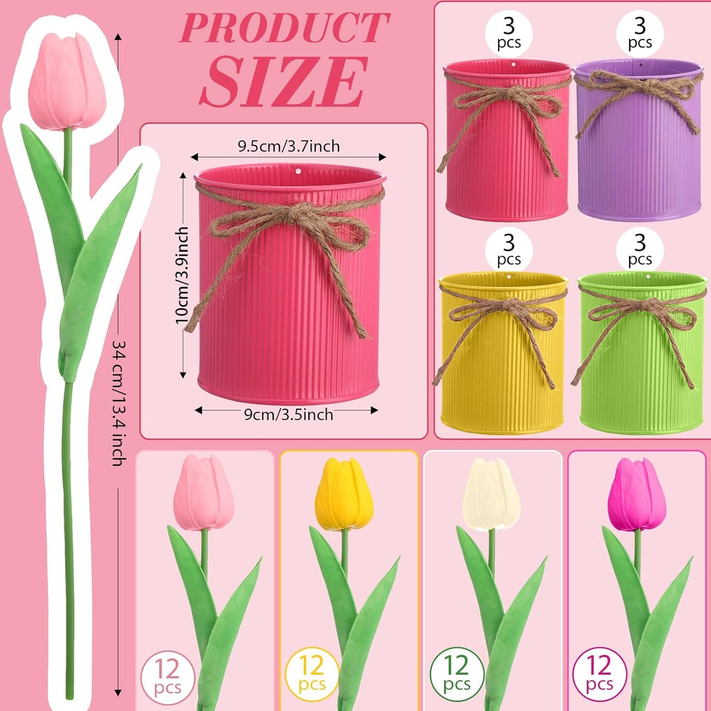 12-Pack Artificial Tulips in Metal Pots – Multicolor Faux Flowers for Spring, Easter, Wedding, Home & Office Decor