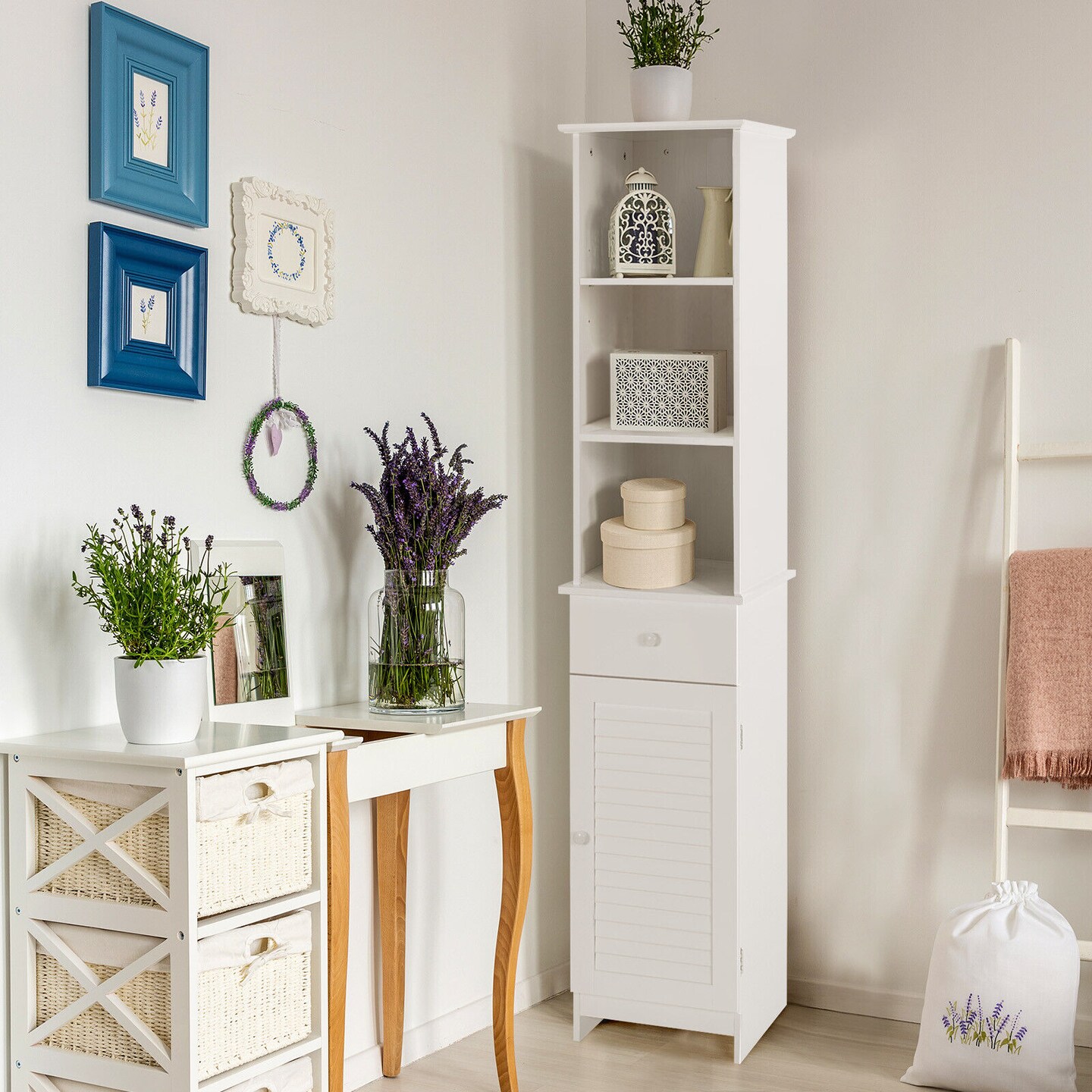 Bathroom Tall Freestanding Storage Cabinet with Drawer and Open Shelves