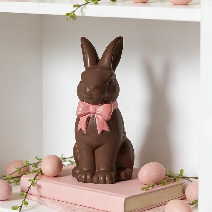 Easter Decoration Bunny Decor - Spring Easter Brown Rabbit Sculpture, Ceramic Statues with Pink Bow for Farmhouse Home Decor Tabletop Shelf Mantel Dining Table Centerpiece