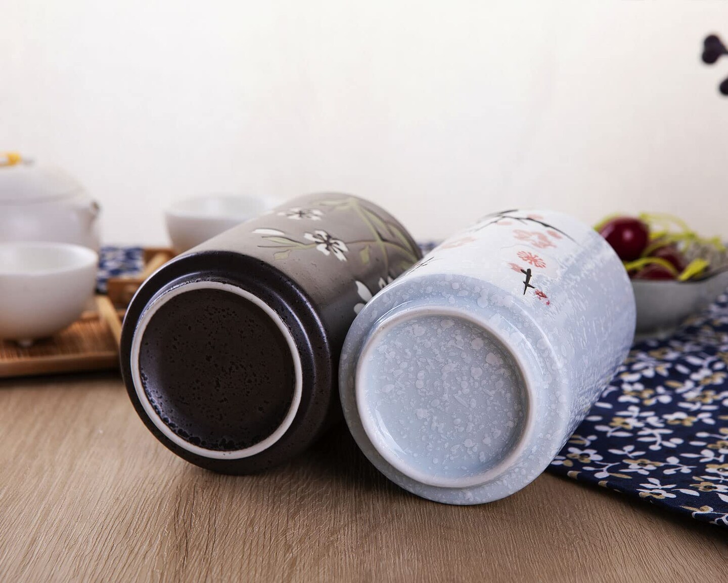 10oz Transitional Chinese/Japanese style Handle-less Ceramic Tea cups teacup, Flora Pattern Set of 2