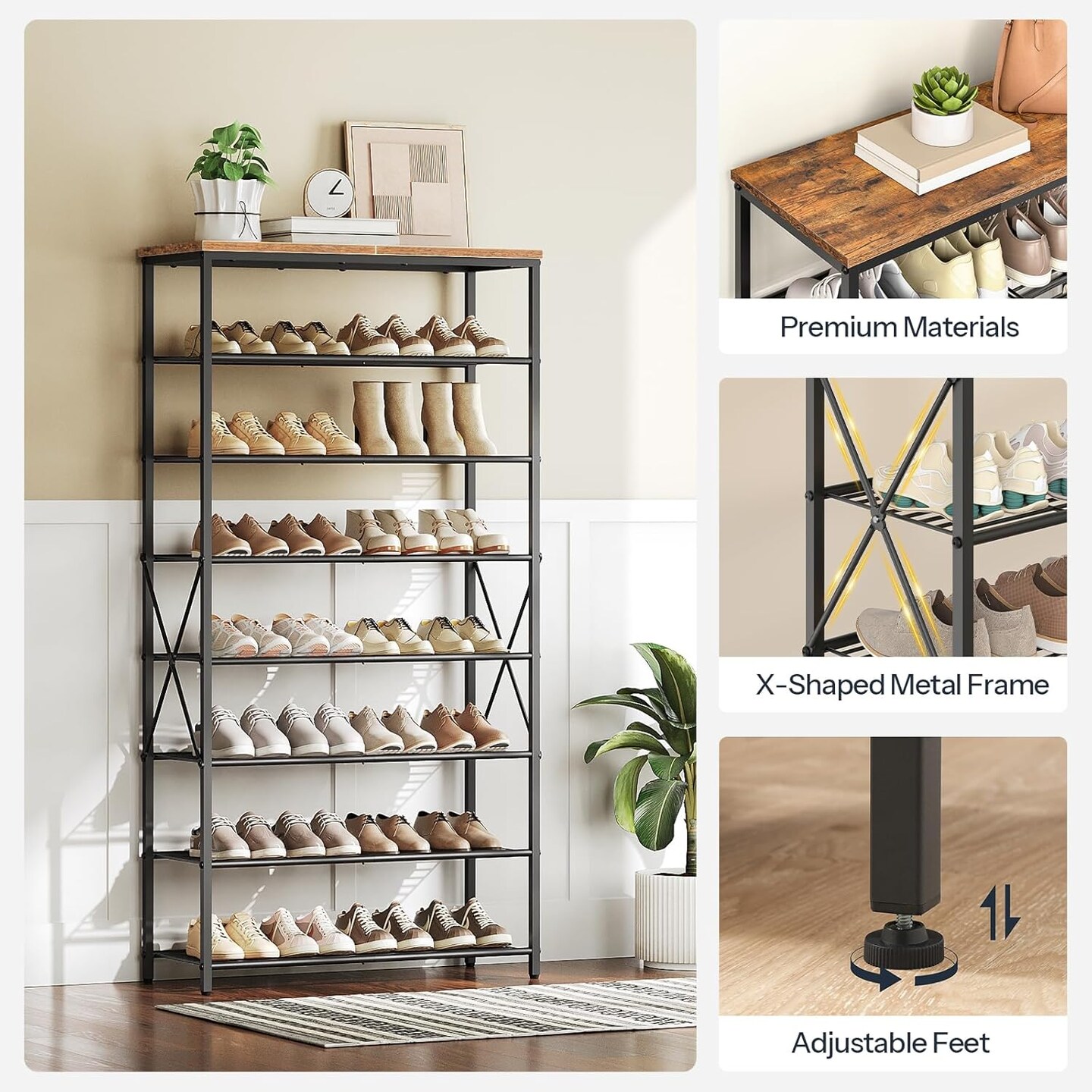 Rustic Brown-Black 8-Tier Engineered Wood and Metal Shoe Rack with Shelves