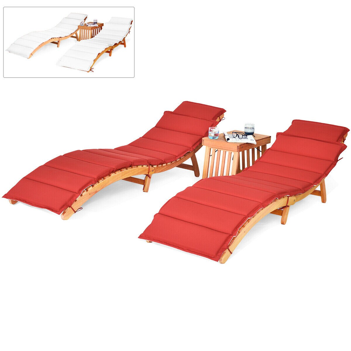 3 Pieces Orange Wood Lounge Chair with Foldable Side Table and Cushions