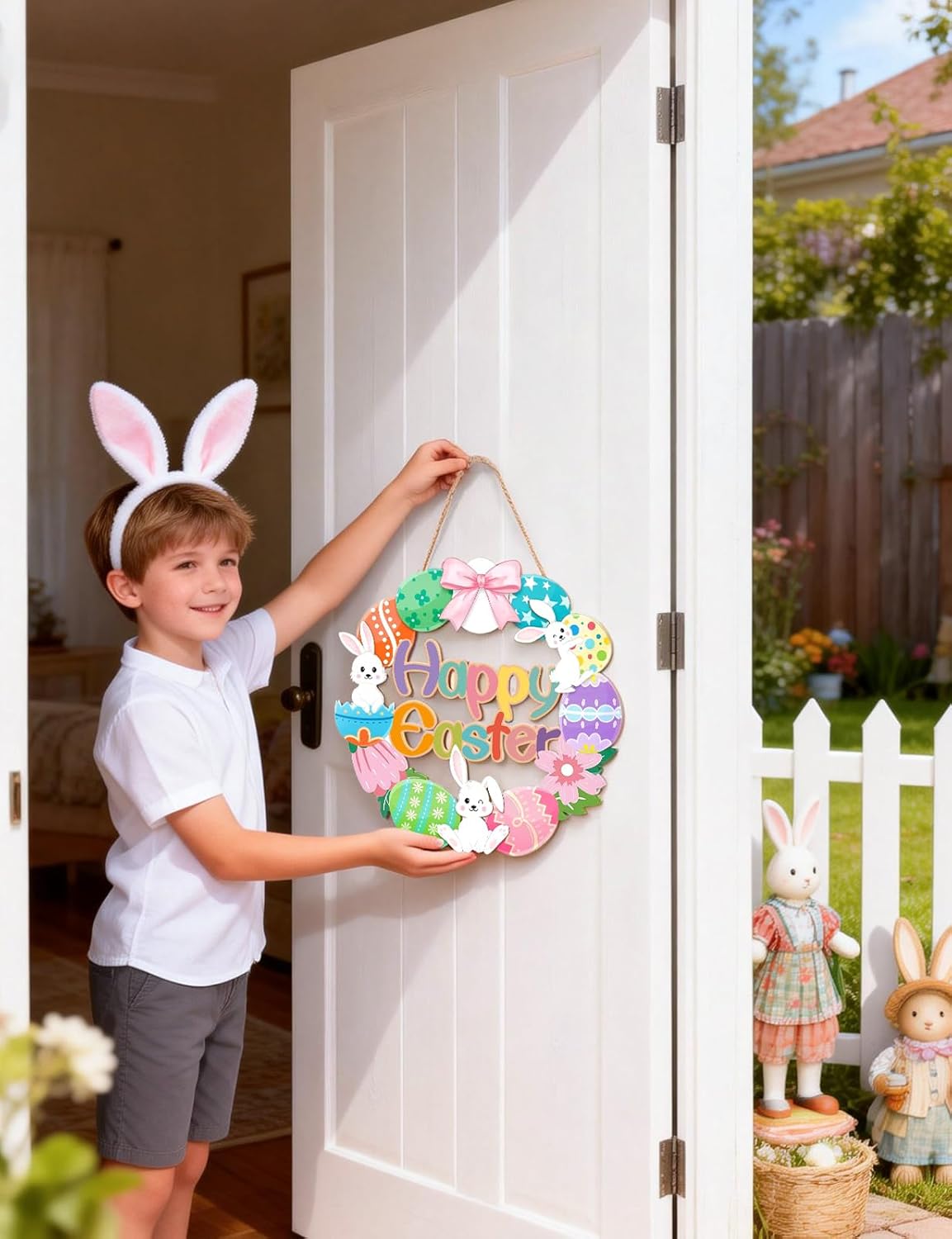 Wooden Easter Door Sign – Happy Easter Bunny and Egg Wreath Hanging Decoration for Spring Home Decor