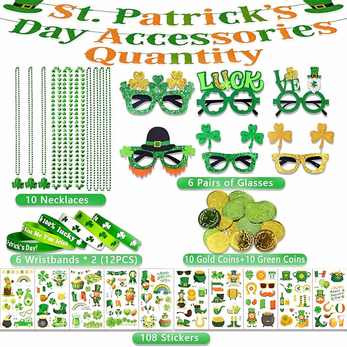 156Pcs St. Patricks Day Accessories Set, 6.8" Shamrock Glasses, 34" Bead Necklaces, Rubber Bracelets, Lucky Coins and Tattoos, Irish Party Favors Decorations Supplies for Parade (156 pcs)