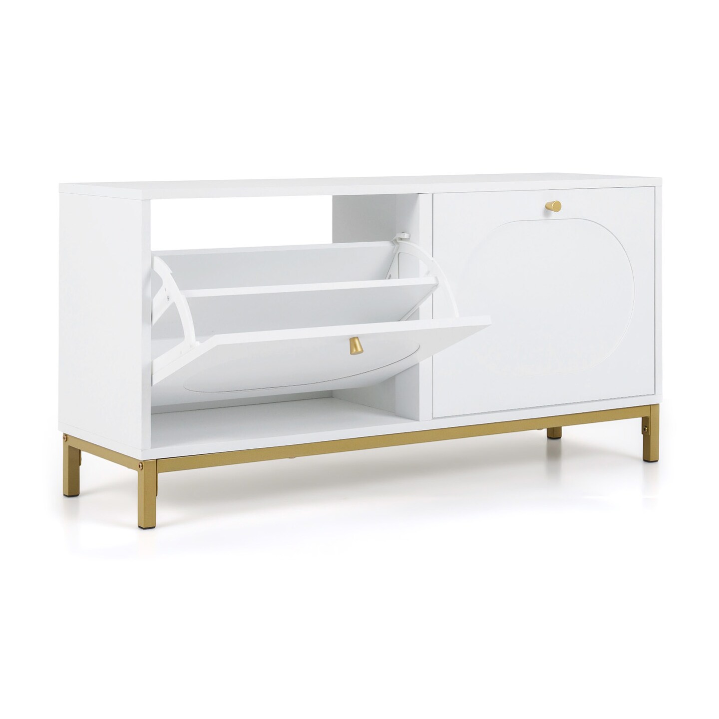 White Golden Shoe Bench Engineered Wood Metal 2-Drawer Storage Seat