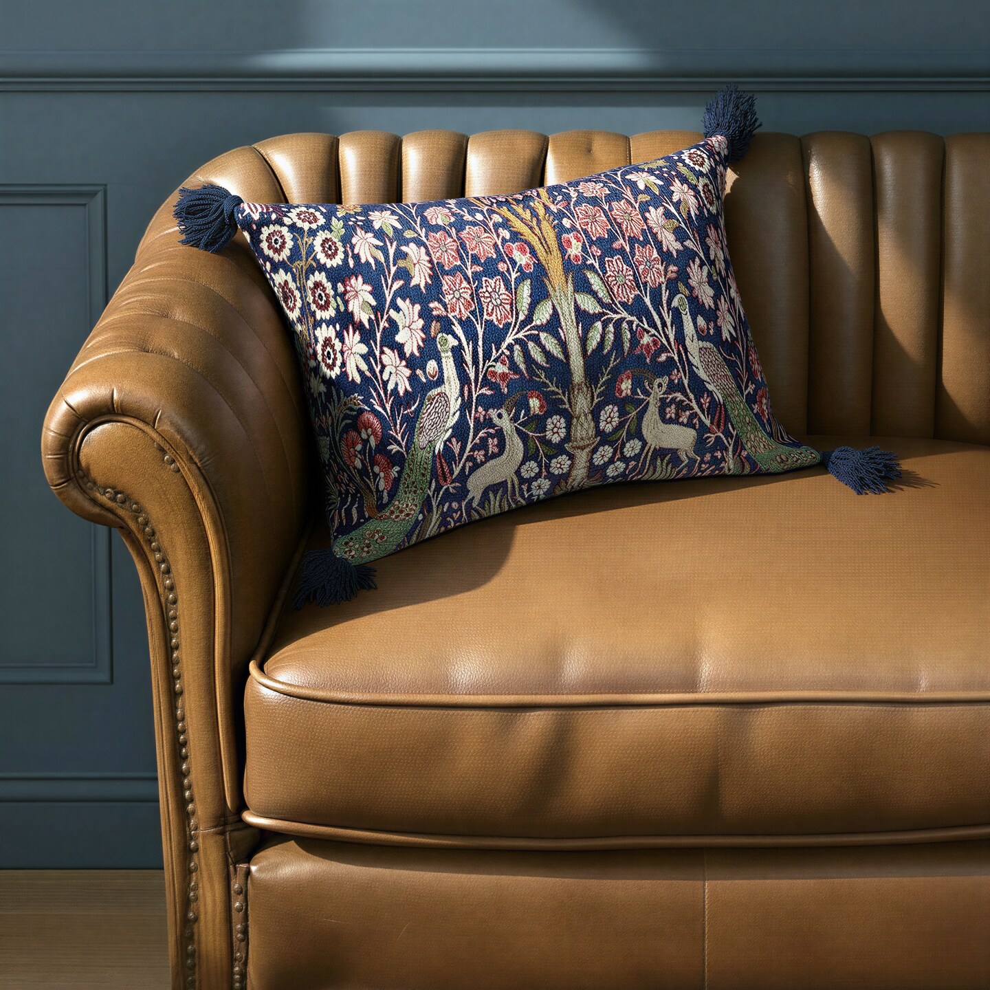 Hello Honey Woodland Print Tassel Cotton Velvet Lumbar Pillow, Multicolor Finish