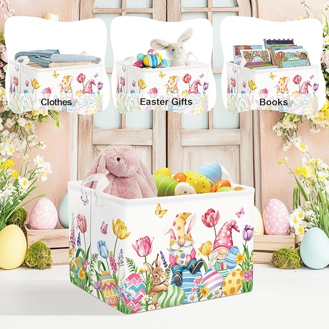 Large Egg Rabbit Easter Basket Stuffers Butterfly Tulips Baby Gift Basket Empty Toy Nursery Bin Collapsible Spring Flower Clothes Storage Organizer for Bedroom,Gnome,40x30x30 cm