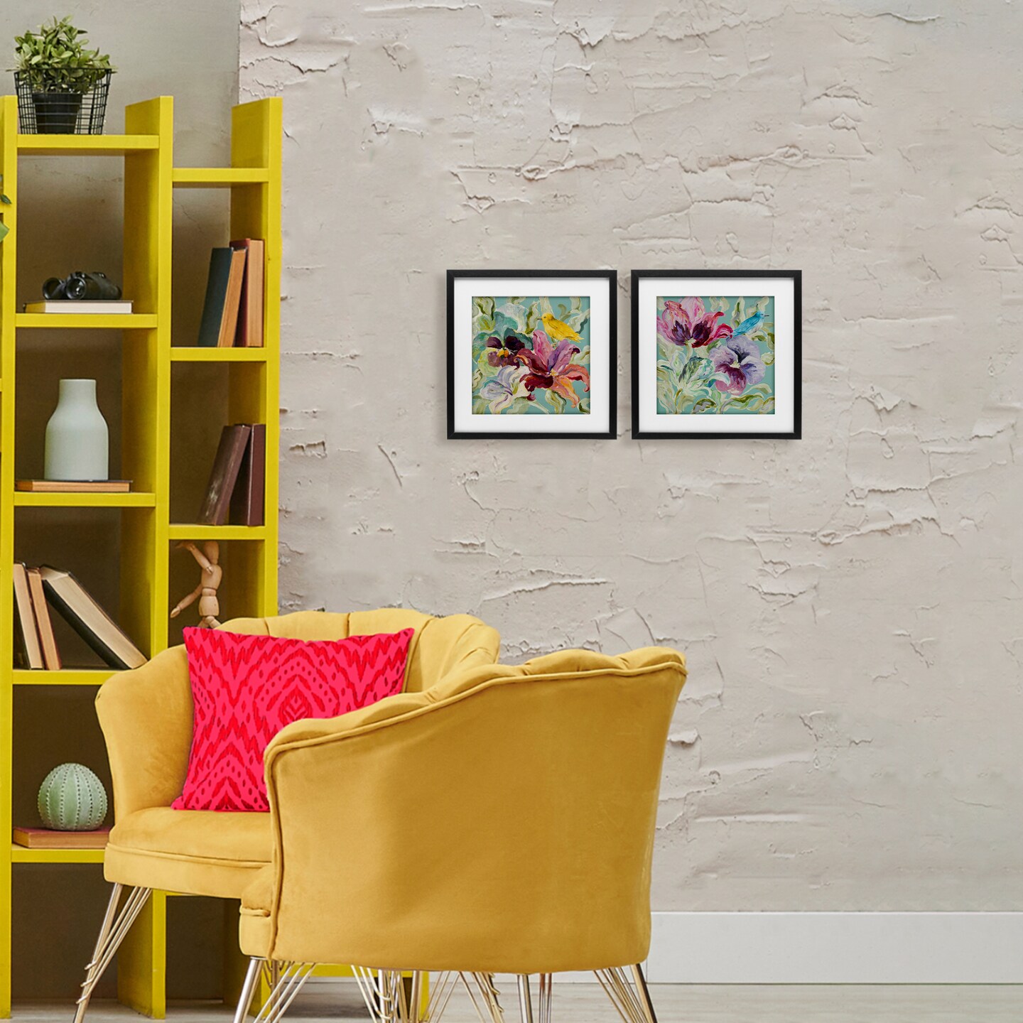 Stupell Industries Lyrical Garden Canaries 2pc Framed Print Under Glass Set, design by Lanie Loreth