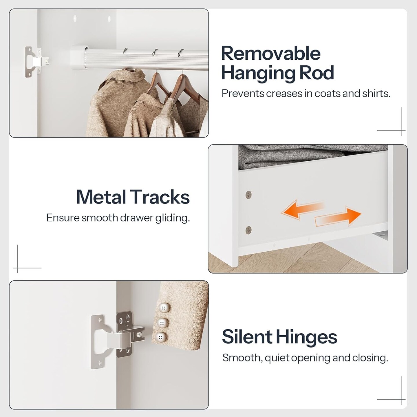 White Engineered Wood Wardrobe with Metal Accents, Drawers and Hanging Rod