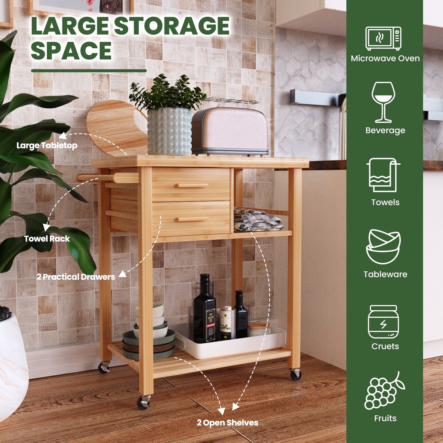 Wicker Storage Trolley with Drawers and Tower Rack for Kitchen