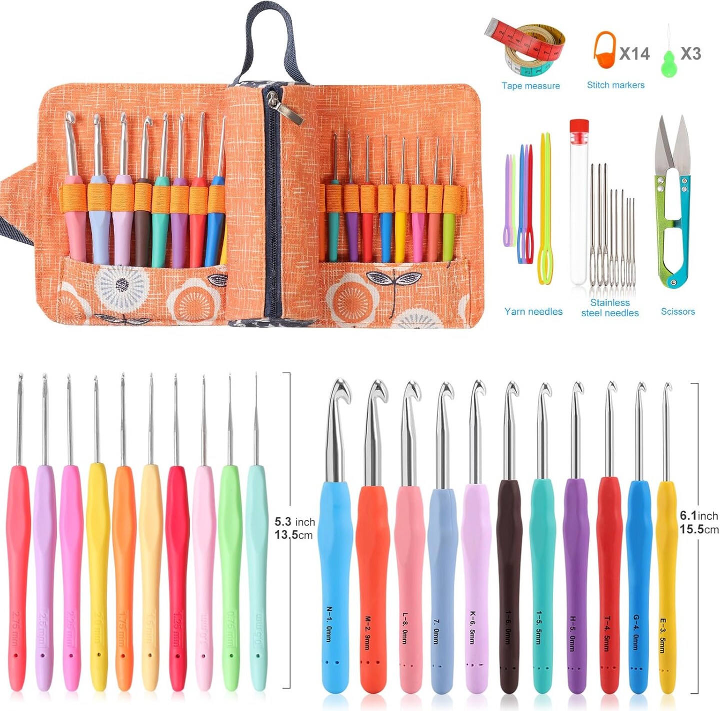21 Sizes Ergonomic Crochet Hooks Set 0.5–10.0mm with Roll Bag