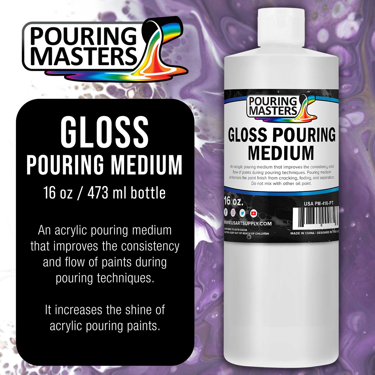 Professional Gloss Pouring Medium 16oz (Pint) - Improves Paint Flow & Cell Effects Creator, Viscosity Adjuster for Art Acrylic Painting