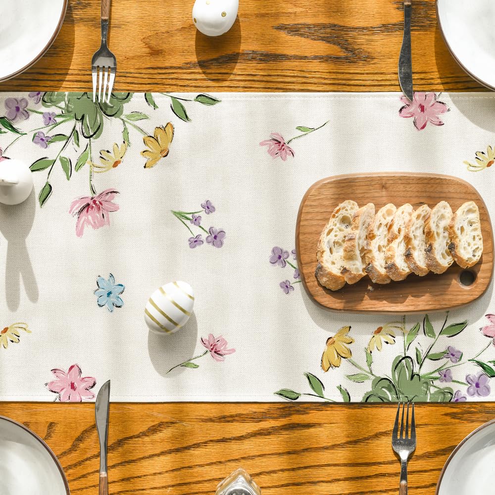 Bunny Rabbits Eggs He is Risen Easter Table Runner, Seasonal Spring Kitchen Dining Table Decoration for Home Party Decor 13x72 Inch