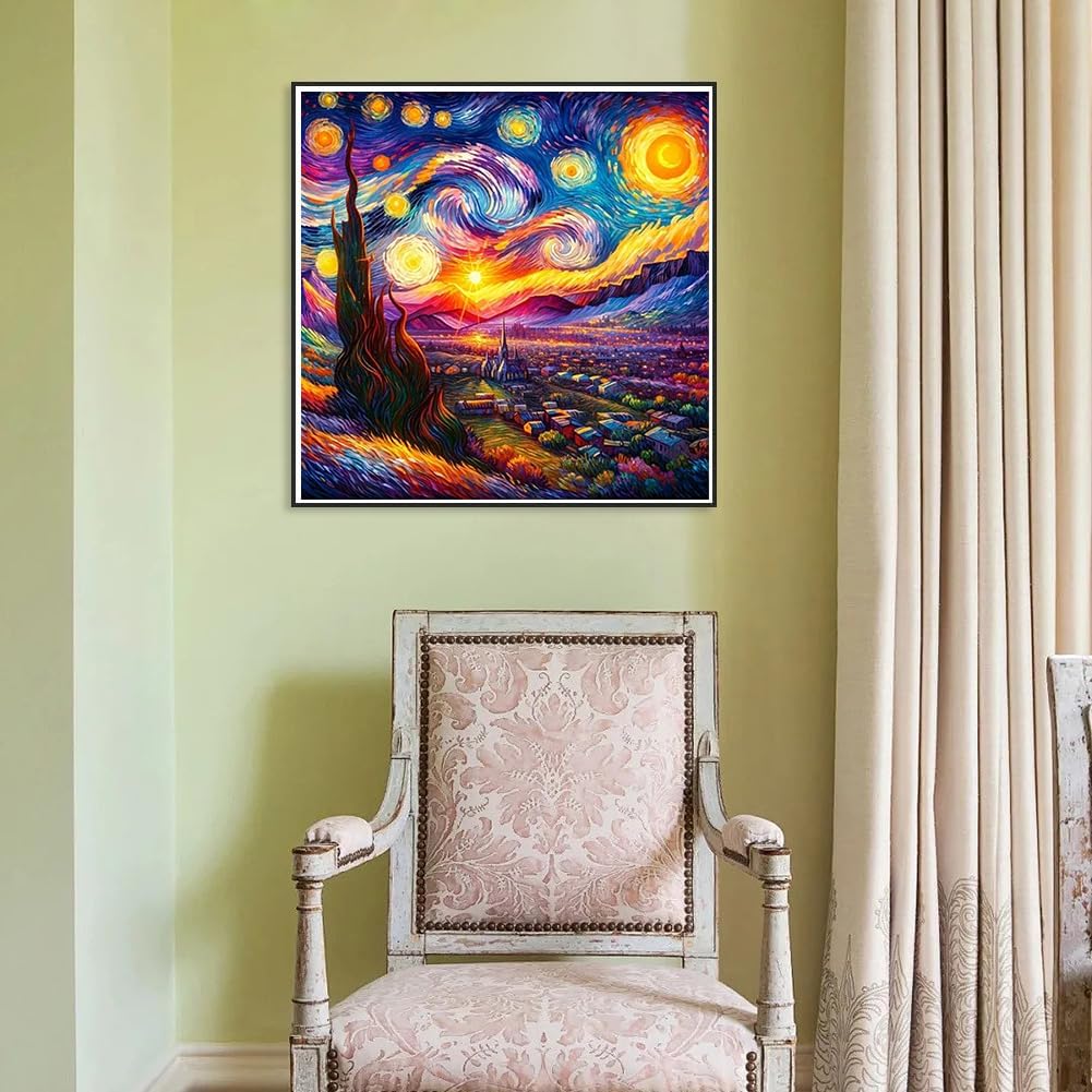 Starry Night Diamond Art Kit for Adults - 14x14 Inch 5D DIY Full Drill Round Gem Painting - Van Gogh Inspired Mosaic Craft Kit for Beginners - Sparkling Home Wall Decor & Creative Gift Set