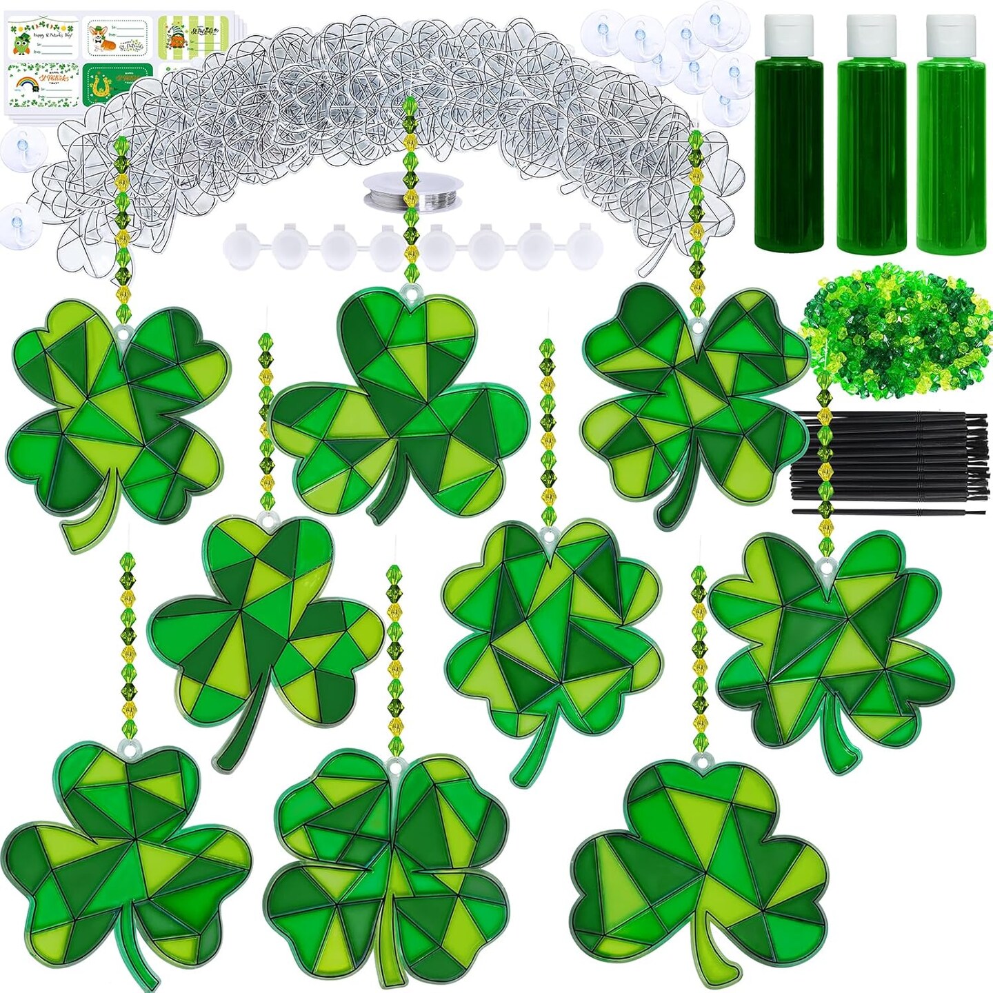 27-Piece St. Patrick’s Day Shamrock Suncatcher Craft Kit – DIY Window Paint Art, Lucky Four-Leaf Clover Ornaments for Kids, Classroom, and Party Decorations