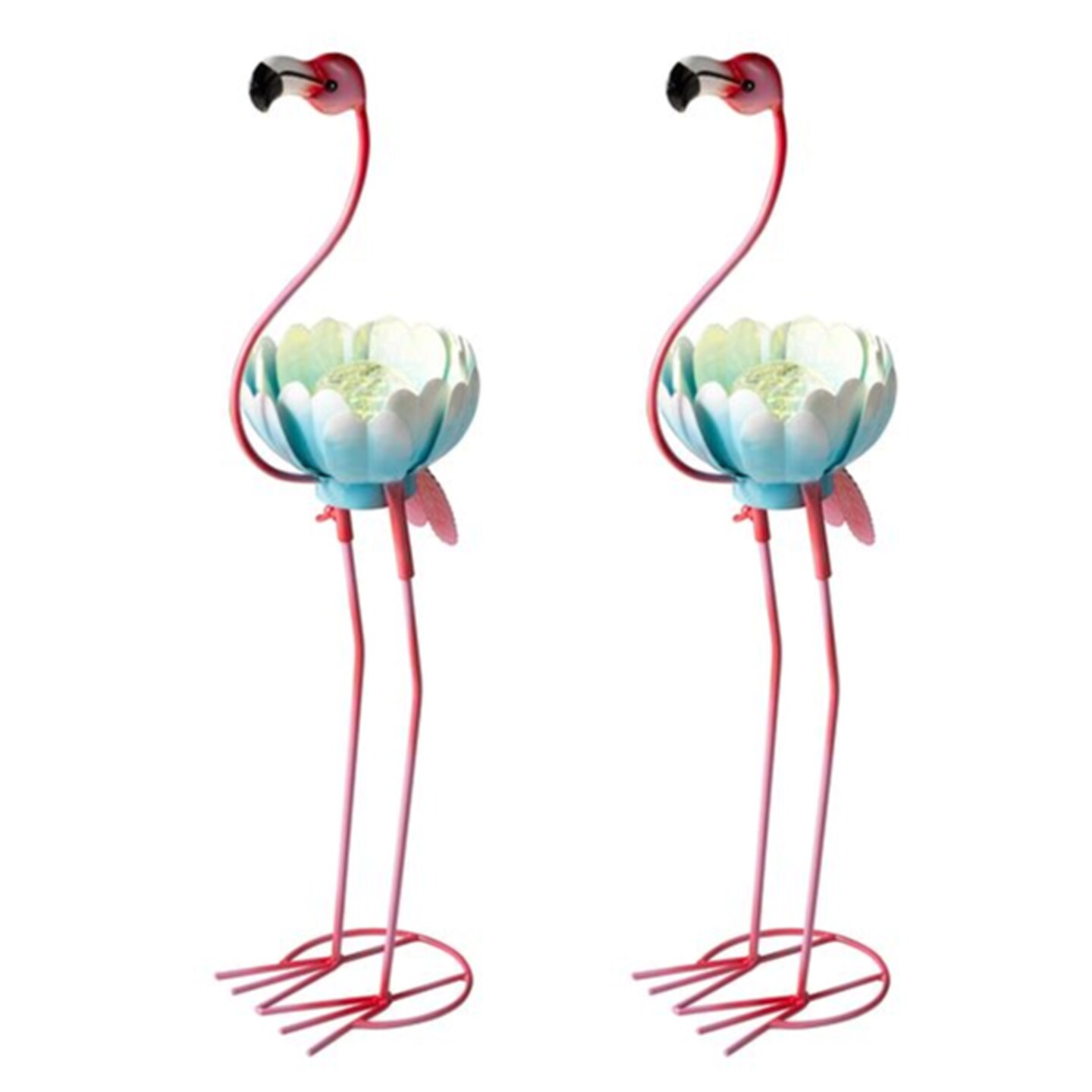 Set of 2 26.25"H Metal Solar Standing Flamingo Garden Statue (KD)