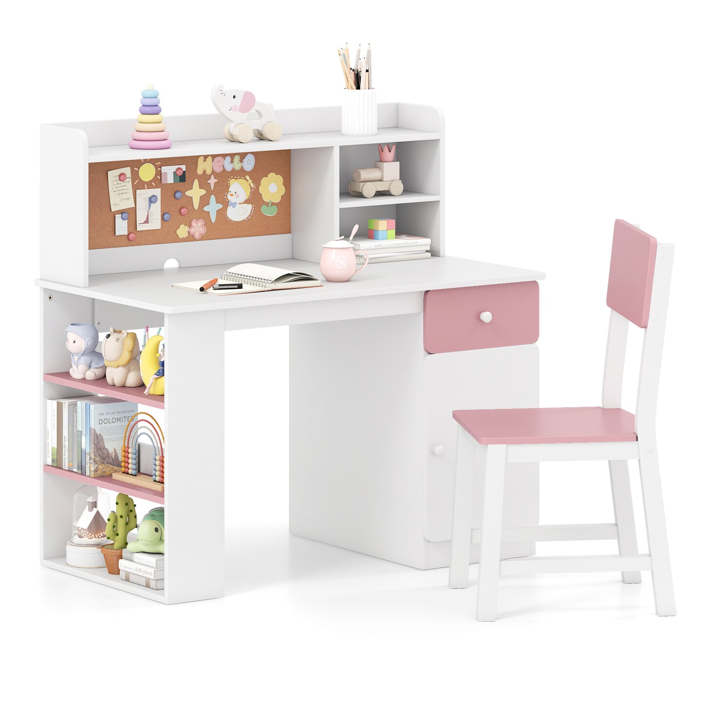 White Kids Desk And Chair Set With Storage Shelves Drawer MDF Pine Wood 41.5 Inch