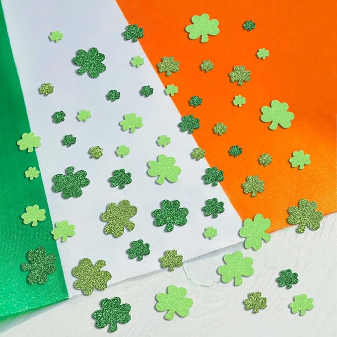 300 Pieces Green Glitter Shamrock Foam Stickers for St Patrick's Day - Lucky Clover Foam Stickers for Kids, St. Patricks Day Irish Party Decoration Craft Supply Self Adhesive Seals for Window Wall
