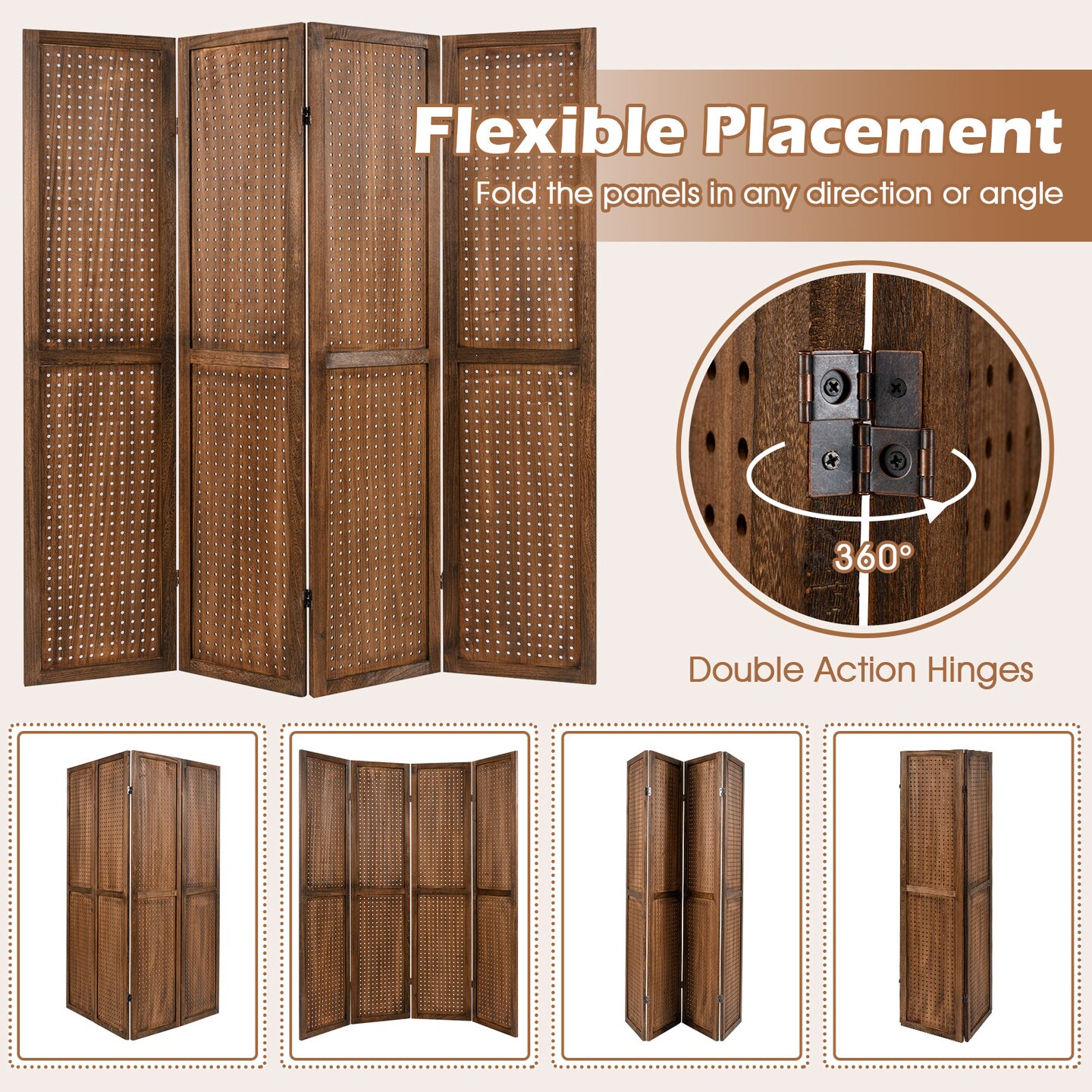 Brown Paulownia Wood Pegboard Room Divider 4-Panel Adjustable Display Stand