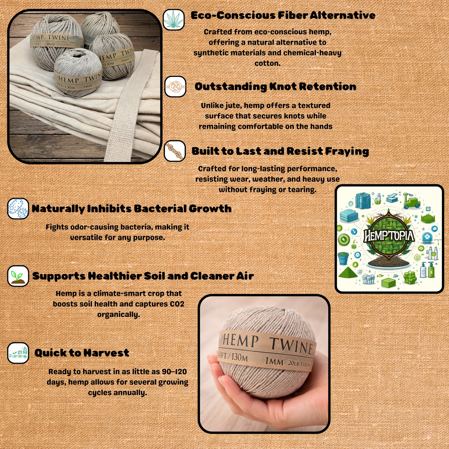 Hemptopia, Hemp Twine Ball, 430ft, 20lb test strength, Multiple colors, All Natural