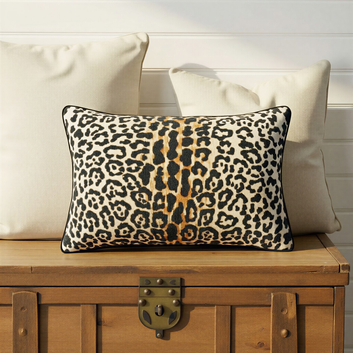 Hello Honey Leopard Print Piped Cotton Velvet Lumbar Pillow, Multicolor Finish