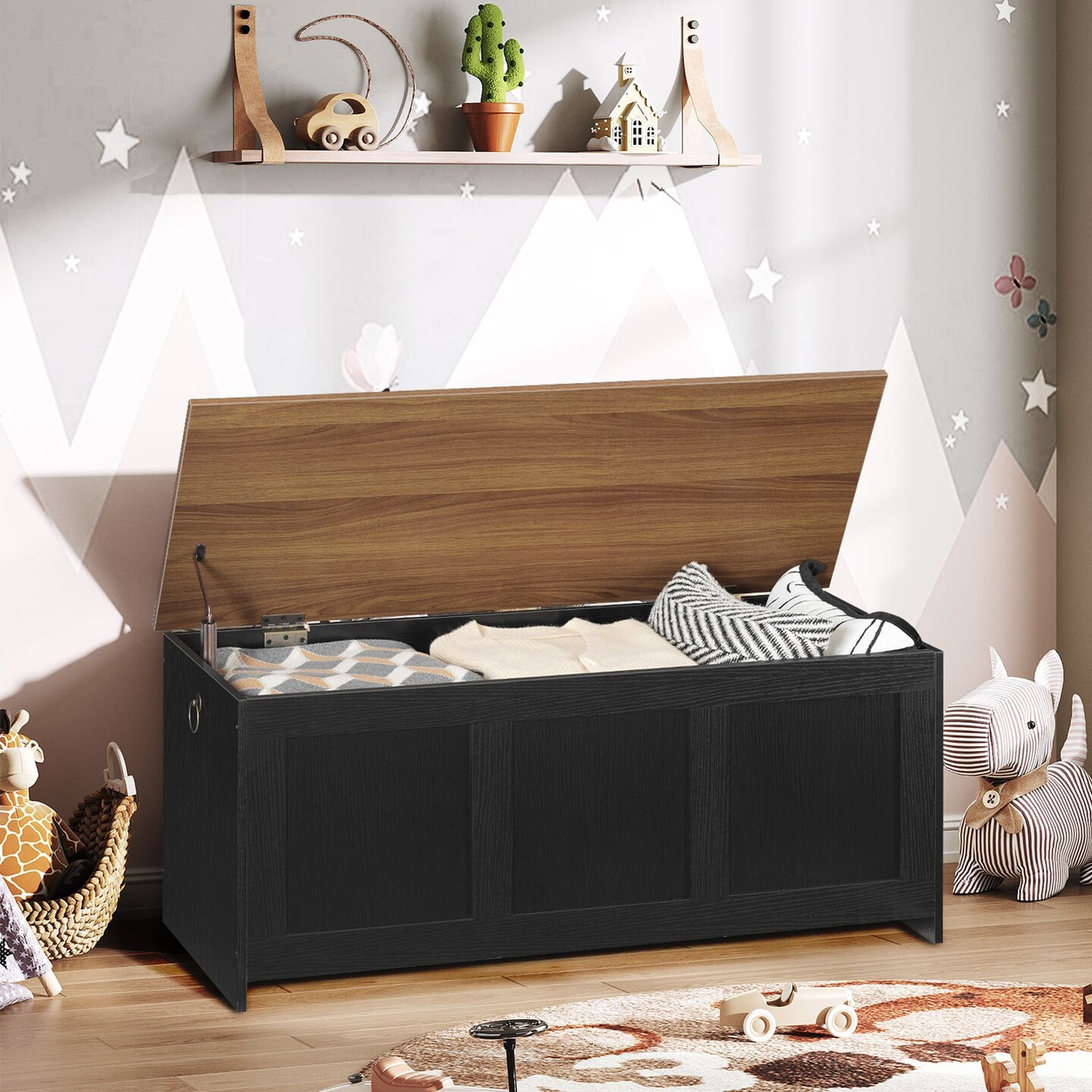 Wood and Metal Storage Chest with Striped Panel and Hinged Lid