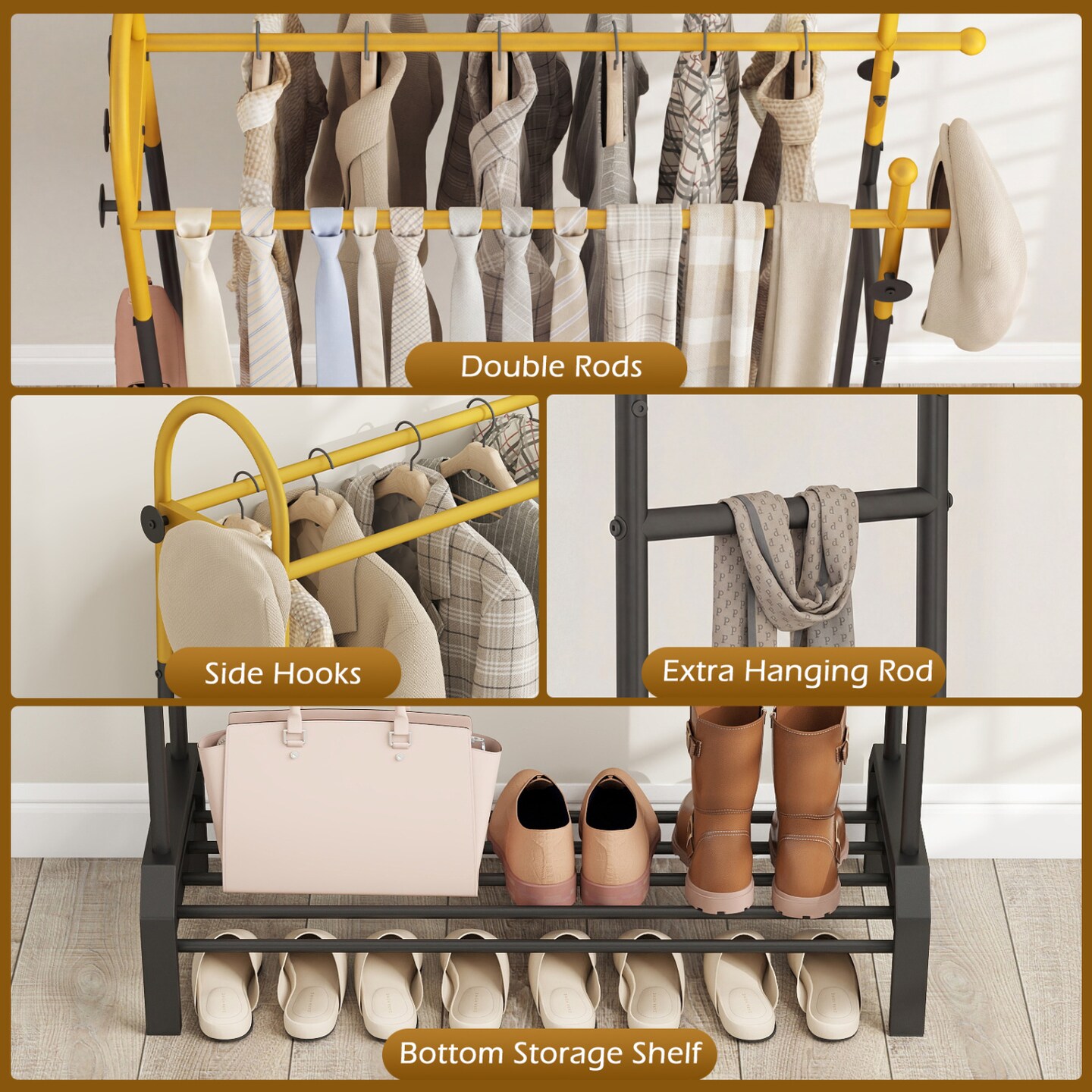Double Rod Garment Rack with Hooks and Shoe Shelf Gold and Black