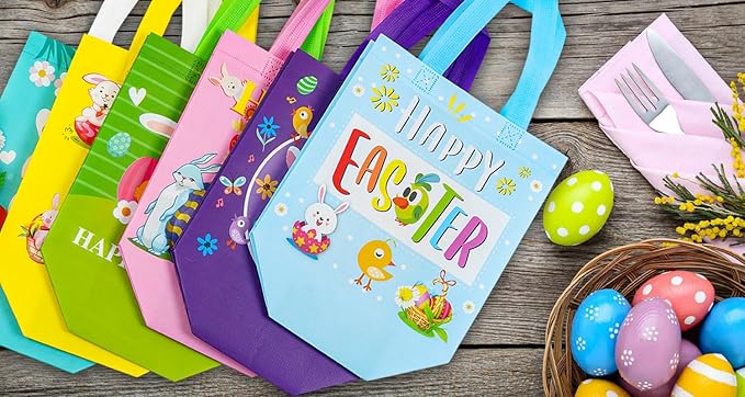 6Pcs Easter Non-woven Bags with Handle, Happy Easter Gift Bags for Kids, Treat Bags Rabbit Bunny, Reusable Easter Goodie Bags-Waterproof