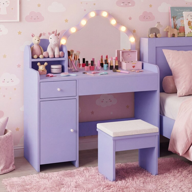 Purple Kids Vanity Table With Mirror Light Up Desk Large Storage Stool Set
