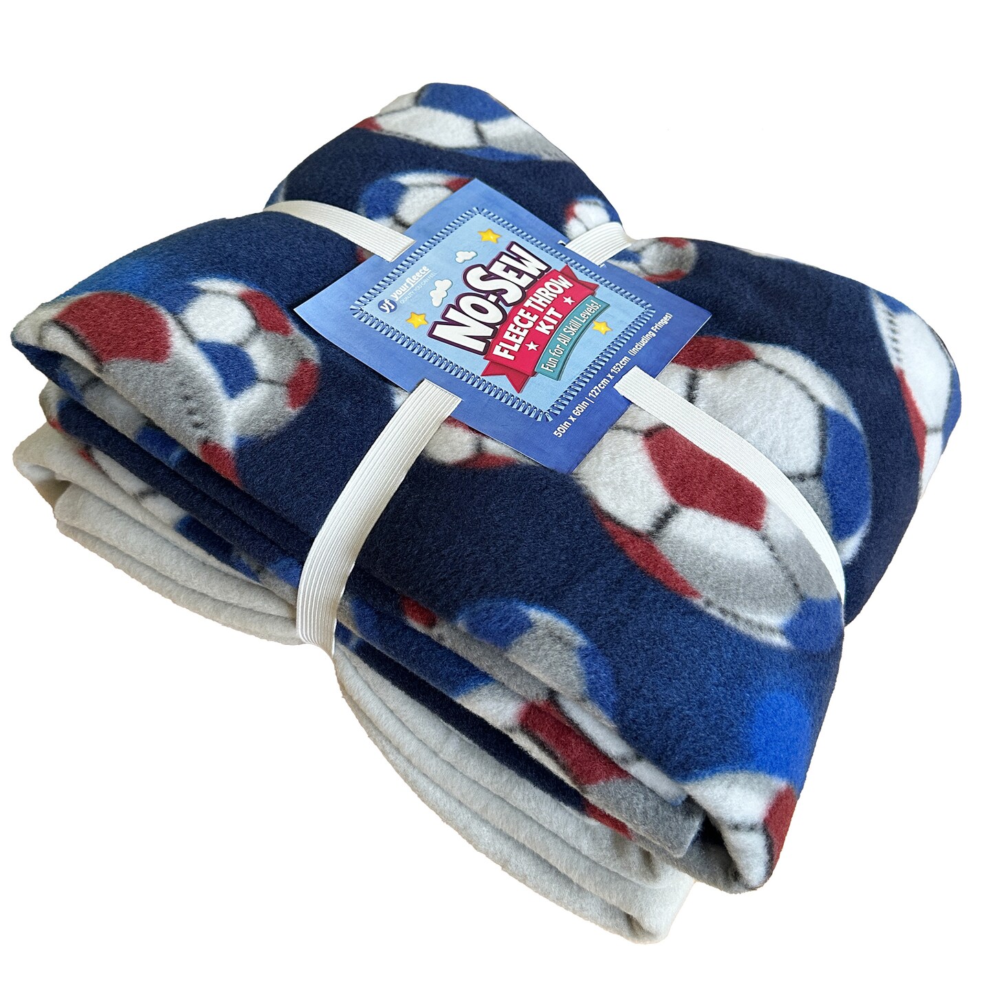 Soccer Balls Navy Anti-Pill Premium No Sew Throw Fleece Fabric Kit (White Backing)