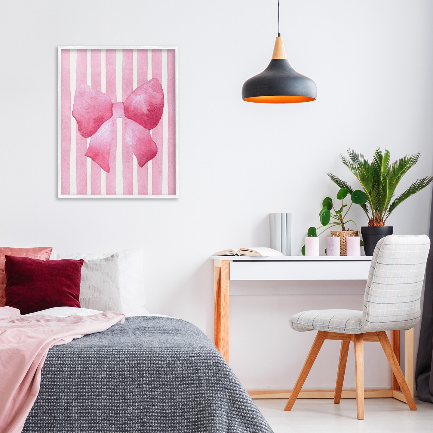 Stupell Industries Chic Bow on Pink Stripes Framed Giclee, design by Camila Juncos