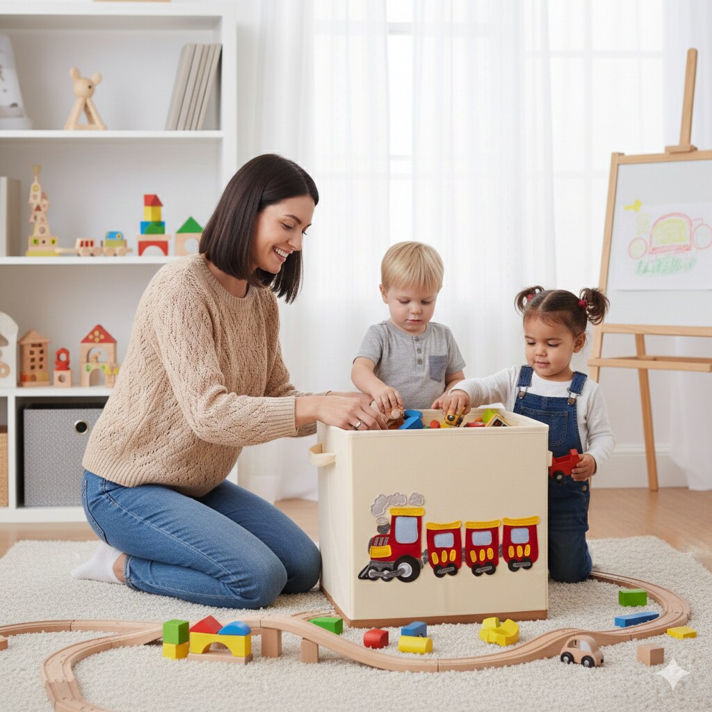 Train Toy Storage Organizer Cube | Washable Foldable Fabric Bin