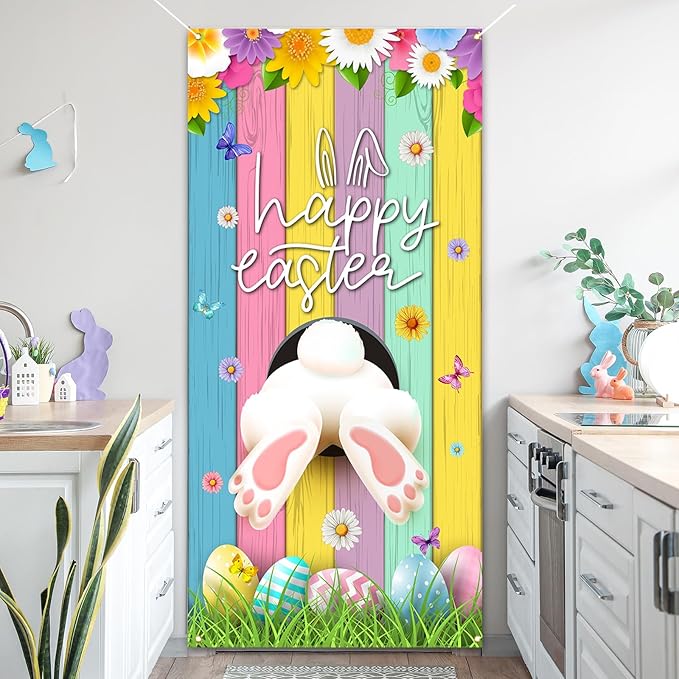 Easter Door Cover Bunny Egg Rabbit Decor Daisy Decorations Door Banner Farmhouse Holiday Decor Pattern Easter Season Supplies for Home Office
