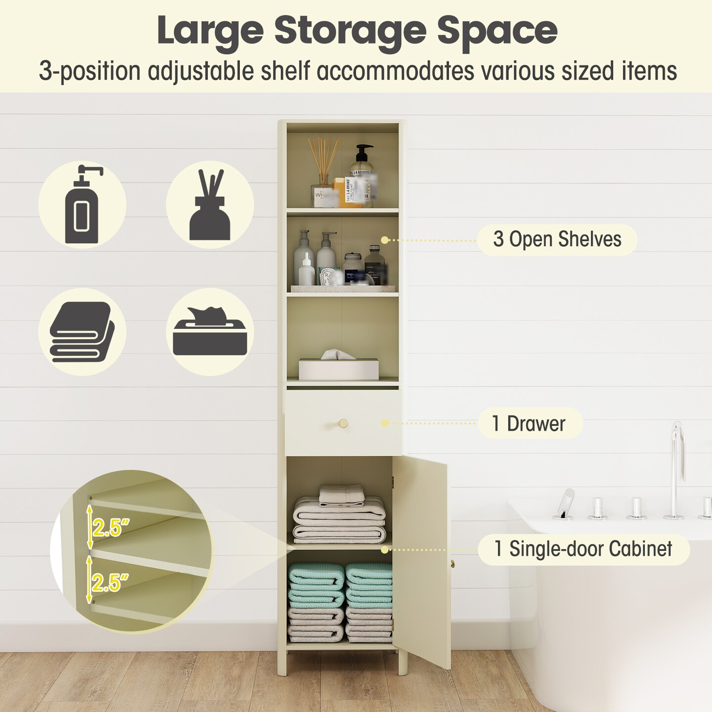 Beige Tall Bathroom Storage Cabinet Narrow MDF with Drawer Shelves and Door