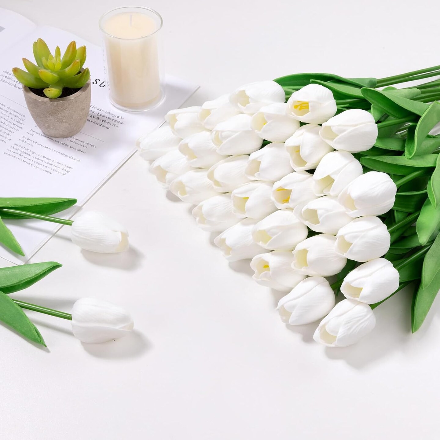 30 Pcs White Real Touch Artificial Tulips – Faux Flowers for Weddings, Spring, Easter, Home & Mother's Day Décor